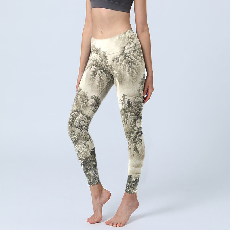 Mountain Tree River Scenery Print Sports Leggings Women's Yoga Pants