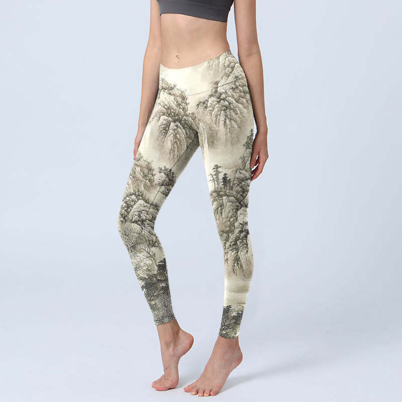 Mountain Tree River Scenery Print Sports Leggings Women's Yoga Pants