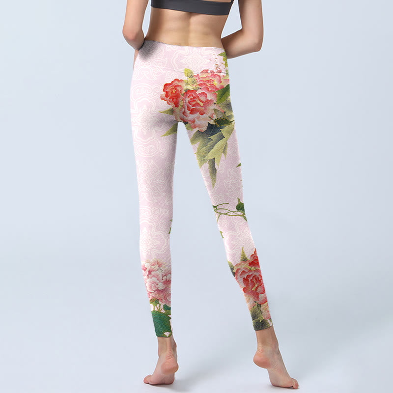 Hibiscus Flowers And Leaves Print Gym Leggings Women's Yoga Pants