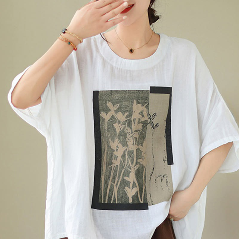 Casual Flower Prints Women's Crew Neck Design Half Sleeve Cotton Spandex T-shirt