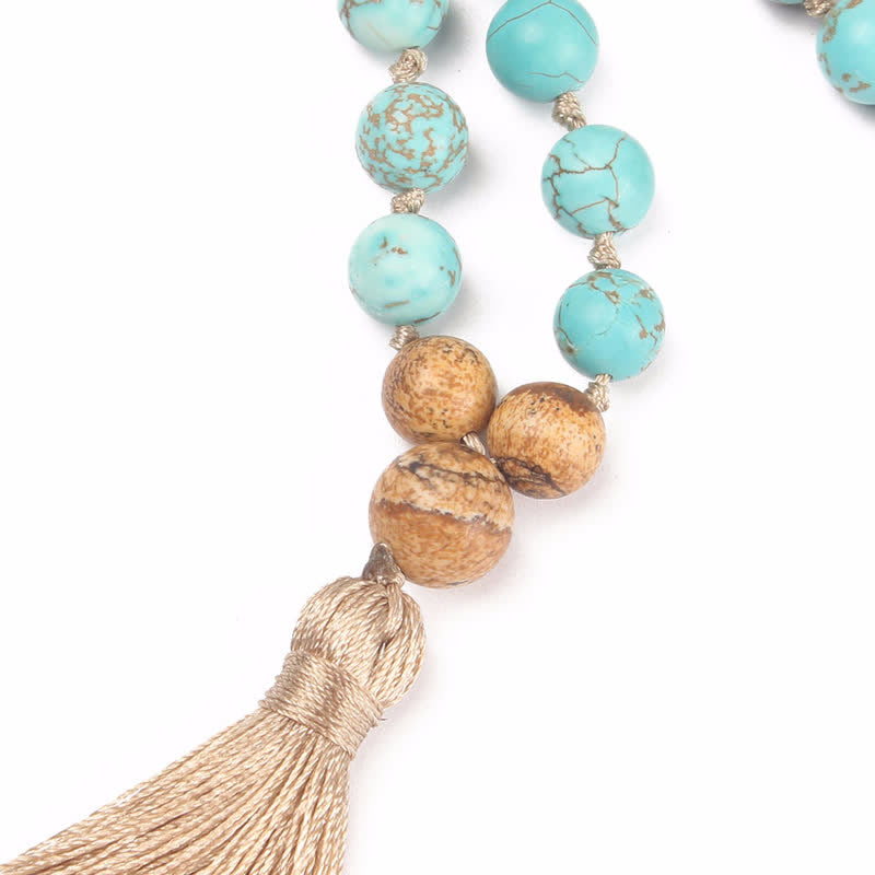 108 Mala Beads Turquoise?Picture Jasper Wisdom Tassel Bracelet