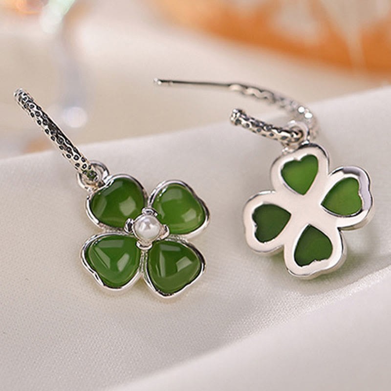 925 Sterling Silver Natural Cyan Jade Four Leaf Clover Luck Success Earrings