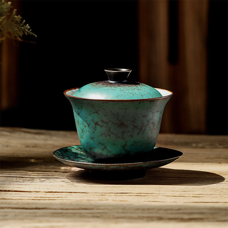 Retro Green Glaze Ceramic Gaiwan Sancai Teacup Kung Fu Tea Cup And Saucer With Lid