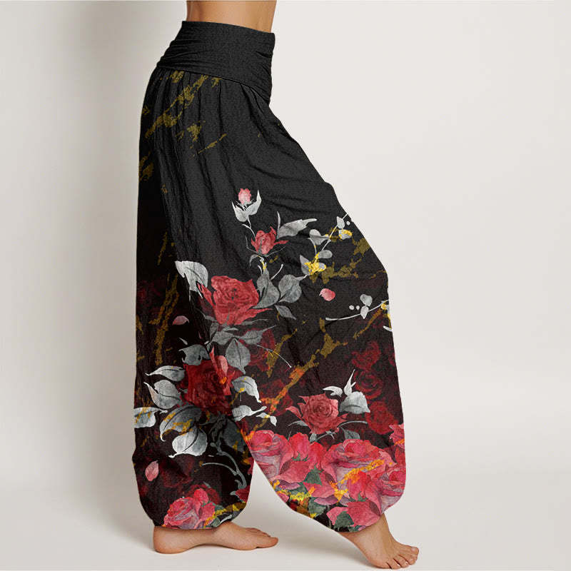 Blooming Roses Pattern Women's Elastic Waist Harem Pants
