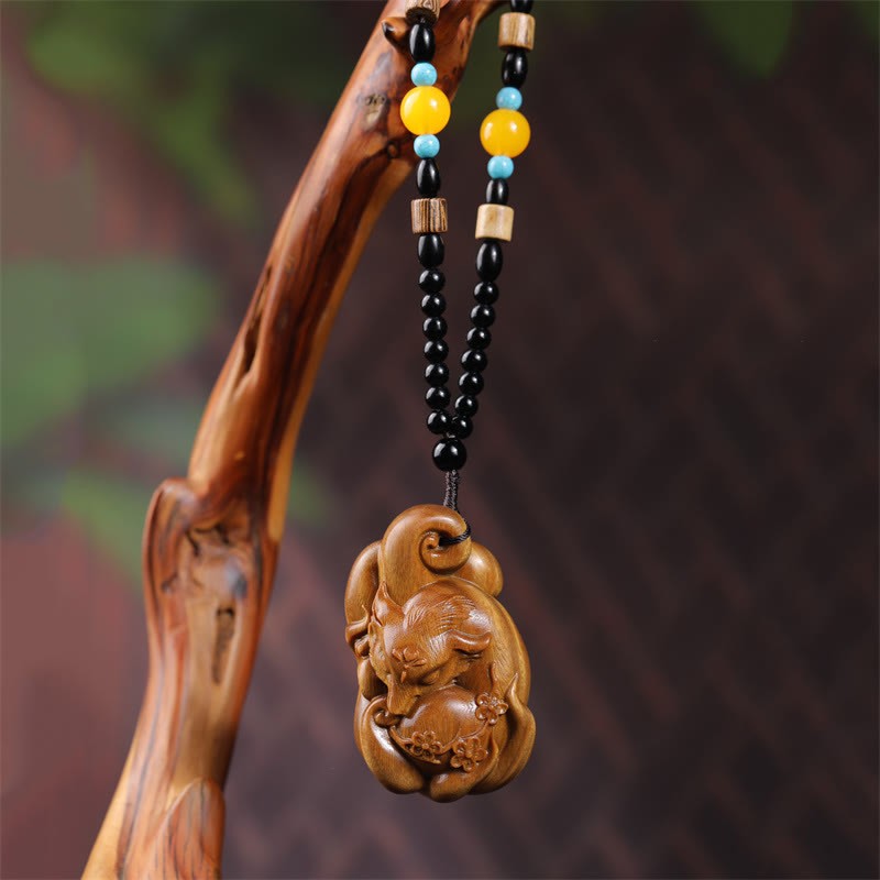 Mini Nine-Tailed Fox Green Sandalwood Peace Decoration Car Hanging Decoration