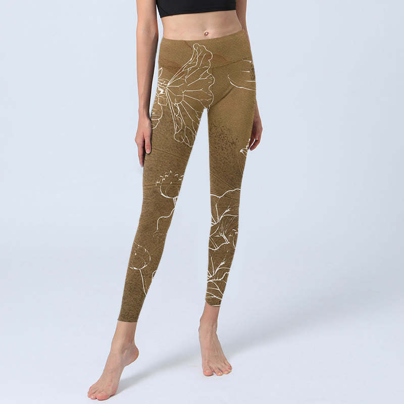 Goldenrod Lotus Flowers Leaves Print Gym Fitness Leggings Women's Yoga Pants