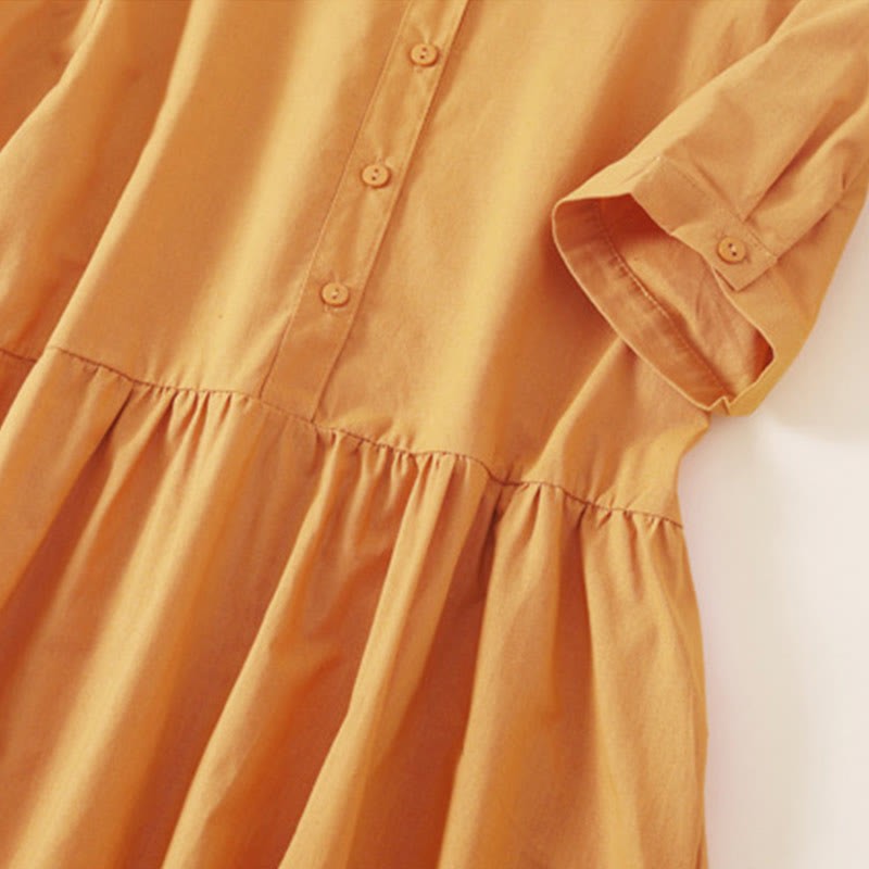 Summer Buttons Design Short Sleeve Cotton Linen Midi Dress With Pockets
