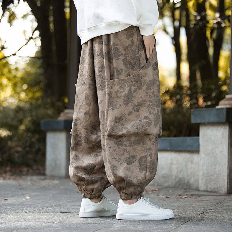 Casual Flower Corduroy Cotton Men's Pants With Big Pockets