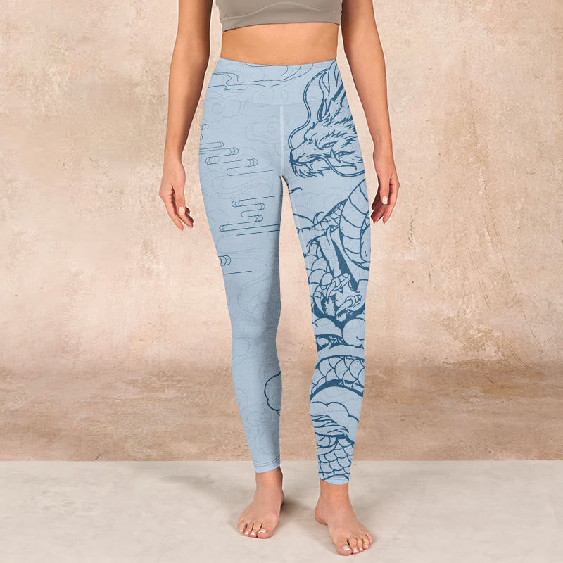 Blue Soaring Dragon Swirling Clouds Print Gym Leggings Women's Yoga Pants