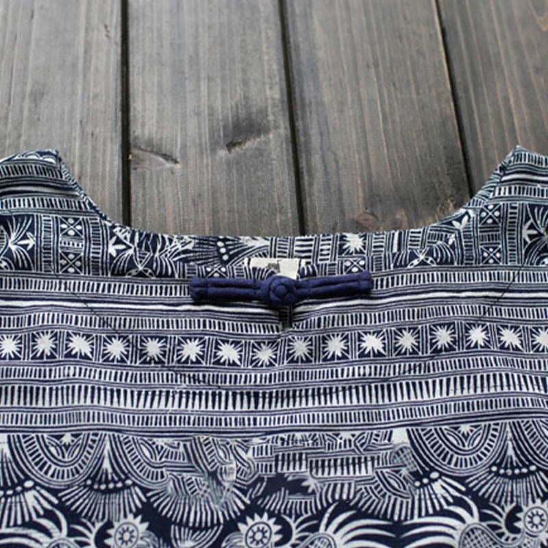 Blue White Flower Printed Button Midi Dress Three Quarter Sleeve Cotton Linen Dress With Pockets