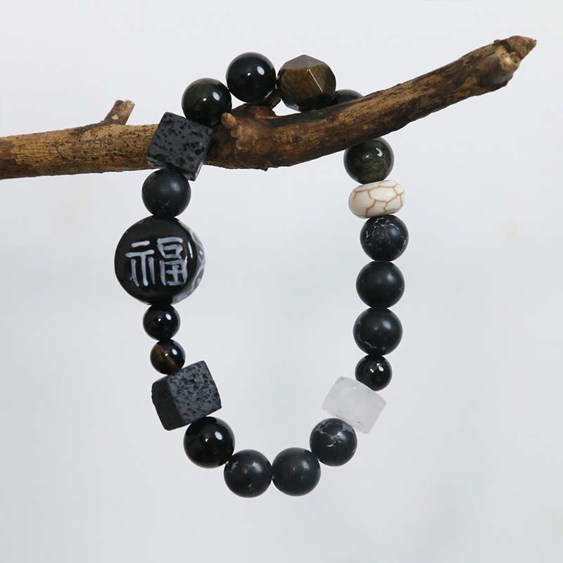 Black Onyx Ceramics Agate Black Glitter Stone Fortune Fu Character Bracelet