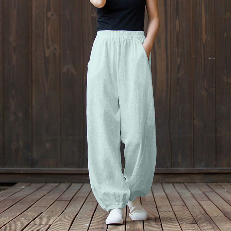 Casual Solid Plain Color Carrot Elastic Waistband Cotton Ramie Women's Pants With Pockets