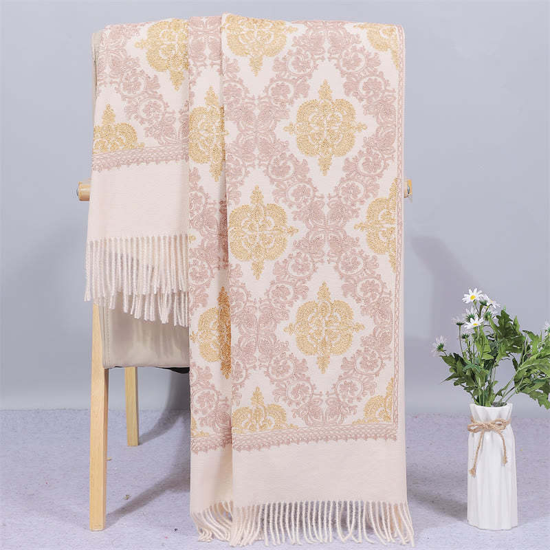 Polyester Shawl Symmetry Gold Filigree Embroidery Tassel Winter Cozy Travel Scarf Wrap