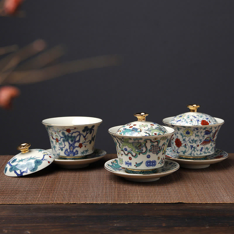 Retro Plum Blossom Pine Bamboo Phoenix Kirin Ceramic Gaiwan Sancai Teacup Kung Fu Tea Cup and Saucer with Lid