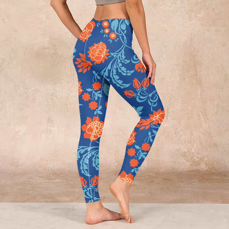 Steel Blue Red Tulips Flowers Leaves Print Gym Leggings Women's Yoga Pants