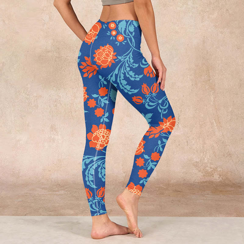 Steel Blue Red Tulips Flowers Leaves Print Gym Leggings Women's Yoga Pants