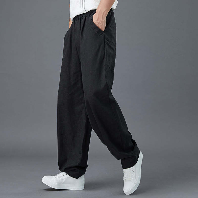 Plain Color Elastic Waist Ramie Linen Men's Pants With Pockets
