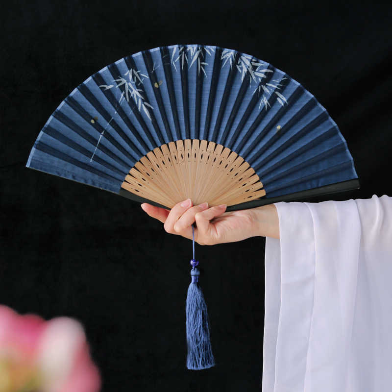 Firefly Bamboo Leaves Pattern Tassels Handheld Bamboo Folding Fan