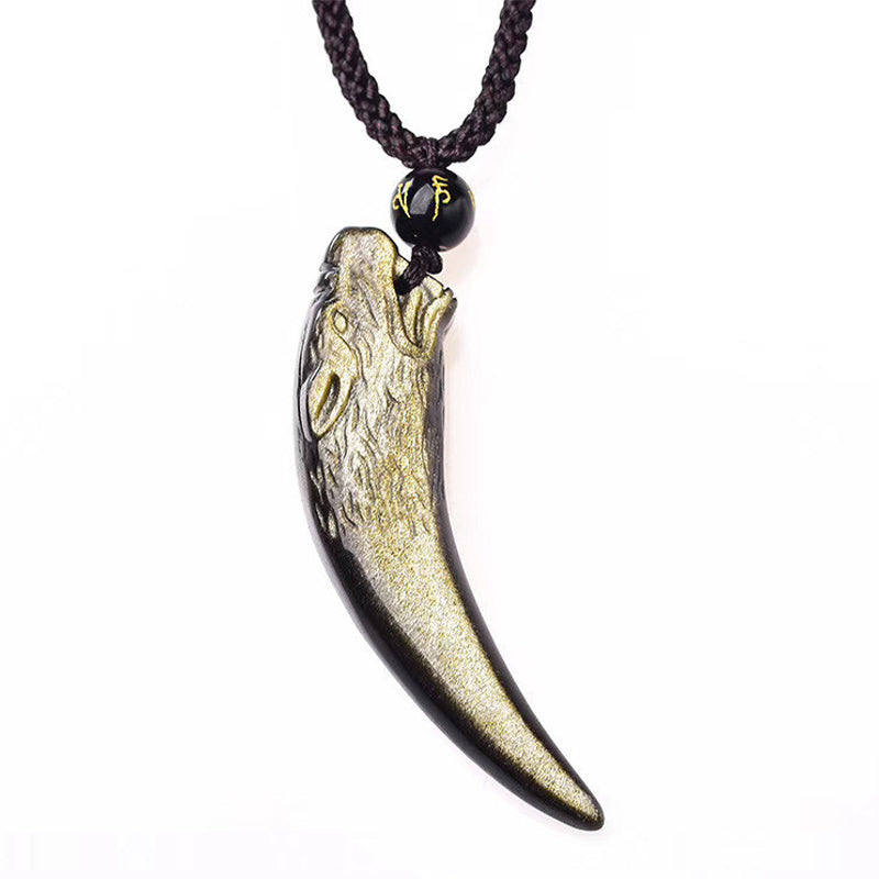 Natural Black Obsidian Ice Obsidian Rainbow Obsidian Wolf Tooth Pattern Strength Necklace Pendant