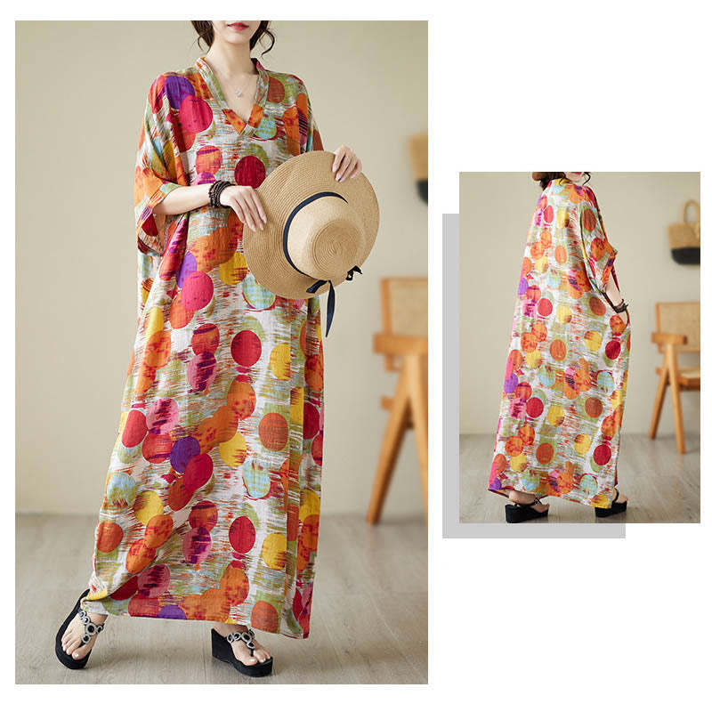 Orange Blue Colorful Polka Dots Midi Dress Cotton Half Sleeve Dress With Pockets