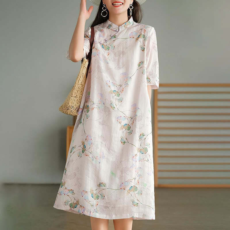 Frog-button Leaves Branches Midi Dress Cotton Linen Short Sleeve Dress With Pockets