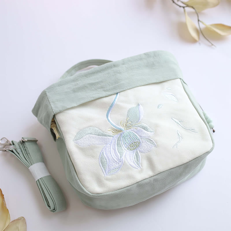 Suzhou Embroidery Lotus Epiphyllum Magnolia Cotton Linen Tote Crossbody Bag Shoulder Bag Handbag