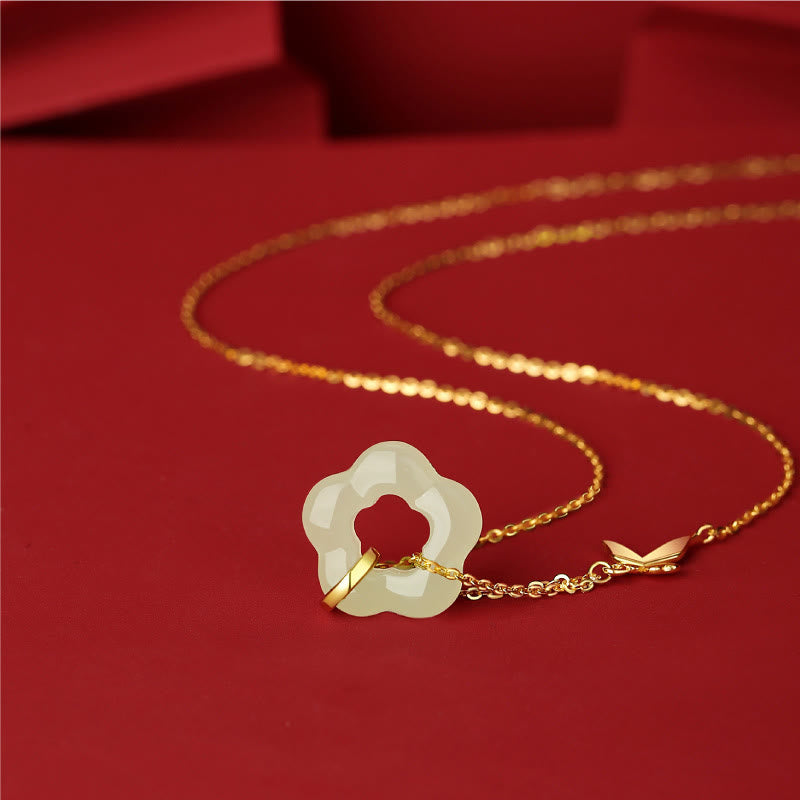 925 Sterling Silver Butterfly Hetian Jade Flower Blessing Necklace Pendant