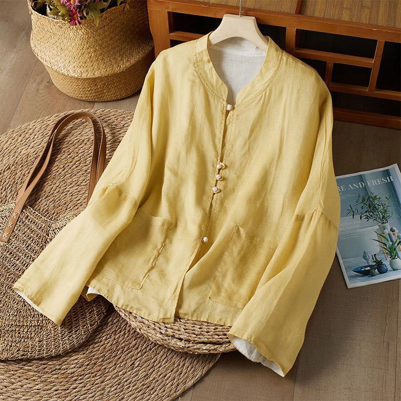 V Neck Casual Solid Color Long Sleeve Shirt Cotton Linen Women's Shirts