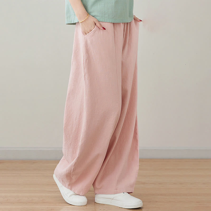 Casual Plain Loose Rope Women's Cotton Linen Pants With Pockets