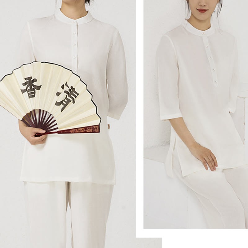 2Pcs Solid Color Three Quarter Shirt Top Pants Meditation Zen Tai Chi Cotton Linen Clothing Women's Set