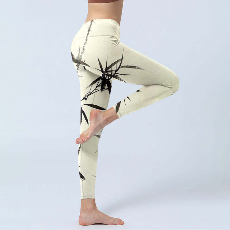 Ink Painting Bamboo Leaves Print Sports Leggings Women's Yoga Pants