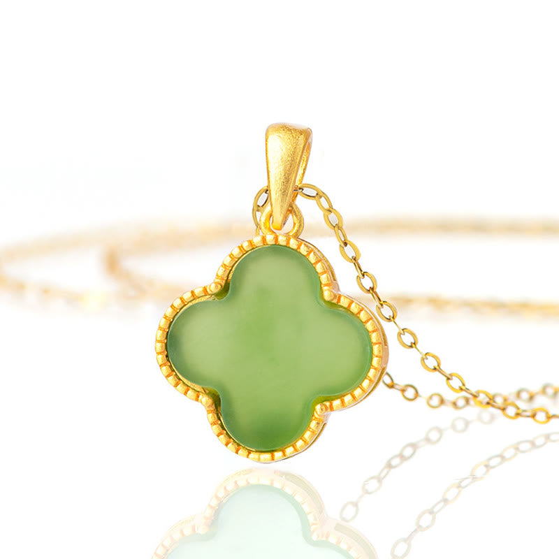 925 Sterling Silver Natural Hetian Jade Luck Four Leaf Clover Necklace Pendant