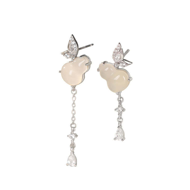 Hetian Jade Magnolia Chalcedony 925 Sterling Silver Butterfly Gourd Luck Earrings