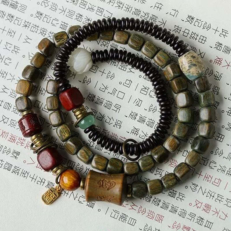 Green Sandalwood Ebony Om Mani Padme Hum Engraved Peace Triple Wrap Bracelet