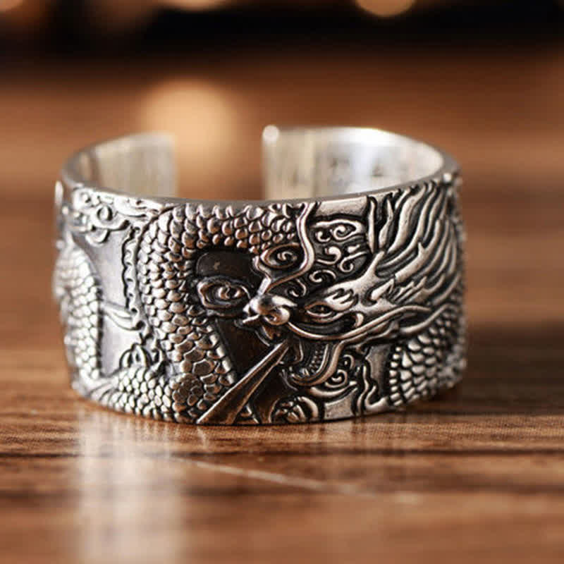 999 Sterling Silver Dragon Carved Pattern Protection Success Ring