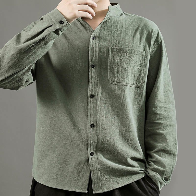 Men's Long Sleeve Shirt With Pocket Stand Collar Comfort Linen Shirt