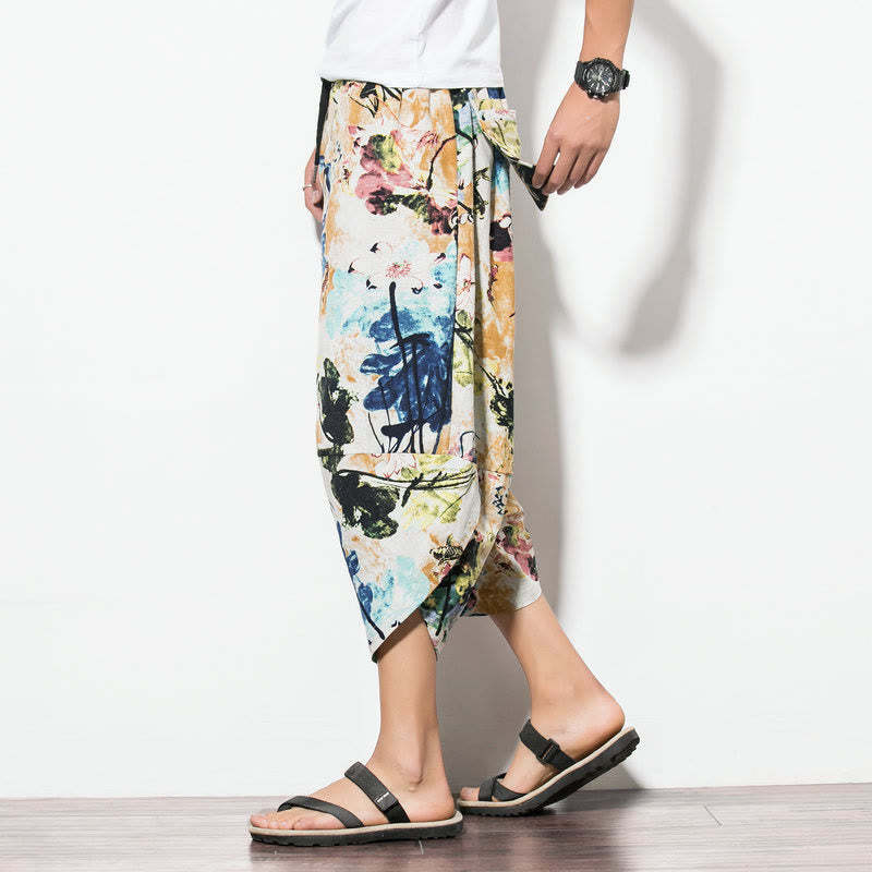 Flowers Leaves Brown Blue Painting Print Cotton Men's Long Cropped Harem Pants With Pockets