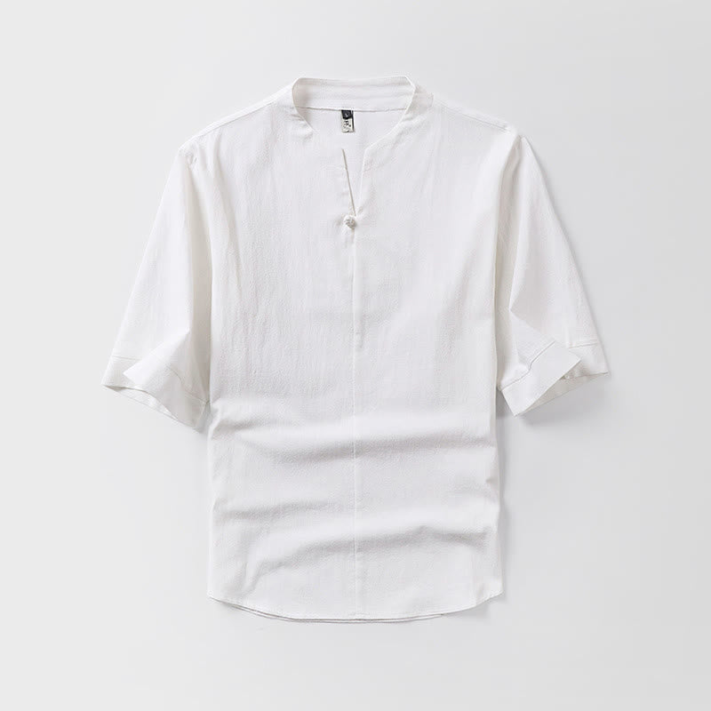 Casual Plain Color One Button Three Quarter Sleeve Cotton Linen Men's Shirt