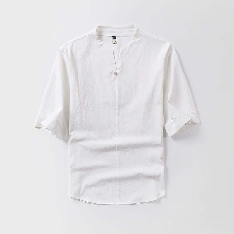 Casual Plain Color One Button Three Quarter Sleeve Cotton Linen Men's Shirt