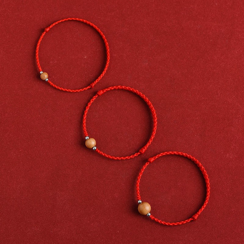 Natural Peach Wood Bead Luck Braided Bracelet Anklet