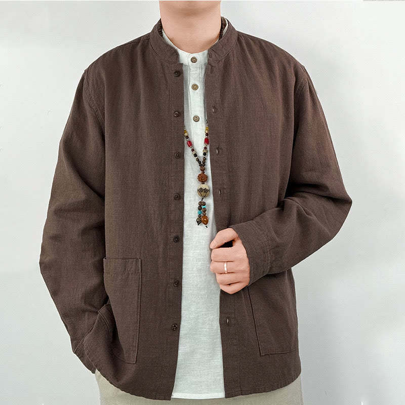 Casual Solid Color Ramie Linen Cotton Men's Shirt With Pockets
