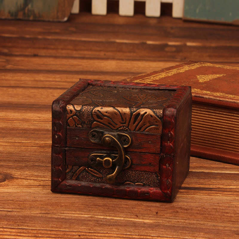 Retro Small Square Wood Jewelry Box Lotus Grass Flower Grape Copper Coin Daffodil Jewelry Storage Box