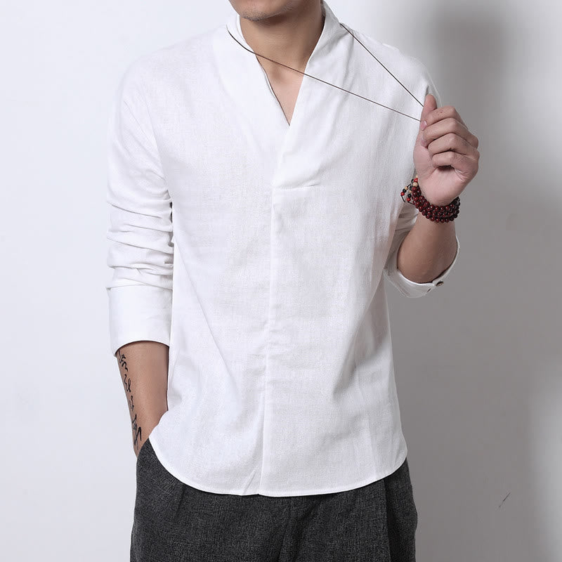 Casual V-Neck Long Sleeve Shirt Linen Men Clothing