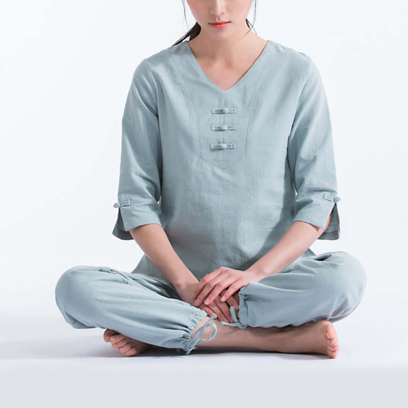 Yoga Meditation Prayer V-neck Design Cotton Linen Clothing Uniform Zen Practice Women's Set