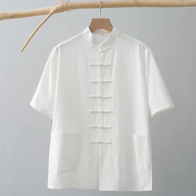 Chinese Frog-Button Tang Suit Men's Short Sleeve Shirt Cotton Linen Clothing With Pockets