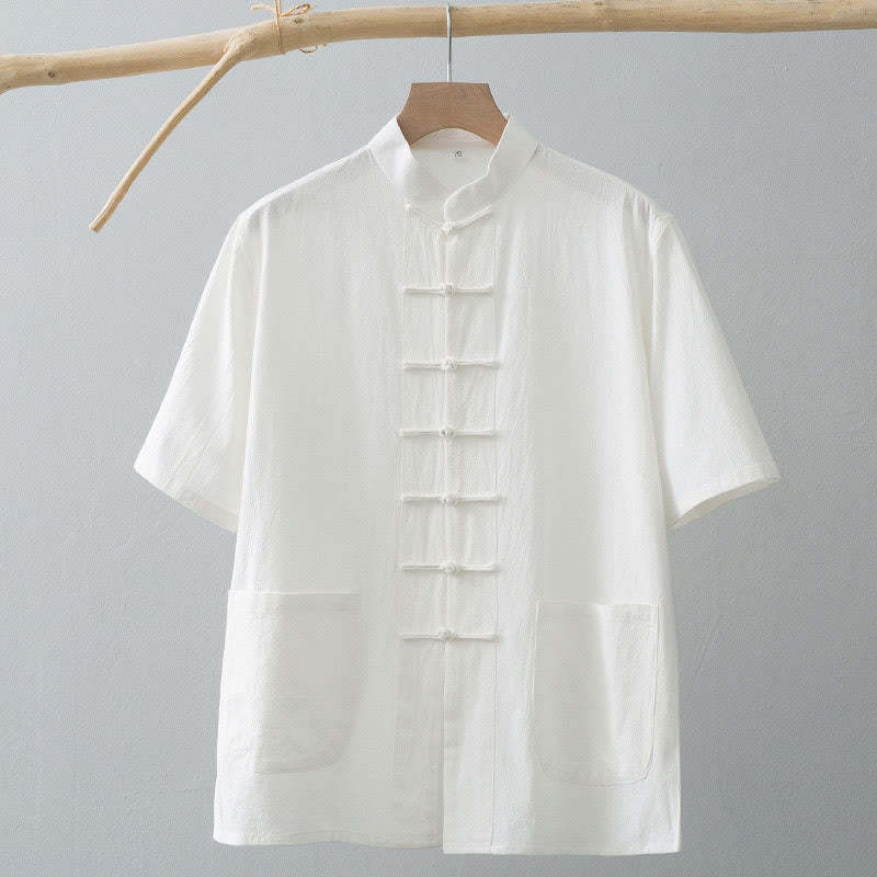 Chinese Frog-Button Tang Suit Men's Short Sleeve Shirt Cotton Linen Clothing With Pockets