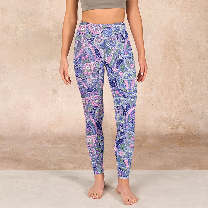 Purple Pink Cashew Flower Print Gym Fitness Leggings Women's Yoga Pants