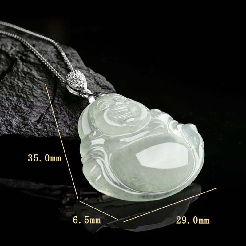 925 Sterling Silver Natural Jade Laughing mystic zen Prosperity Abundance Chain Necklace Pendant