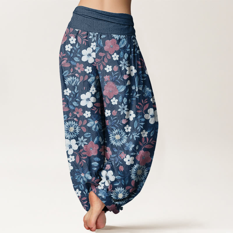 Casual Red White Flower Dandelion Design Women's Elastic Waist Harem Pants