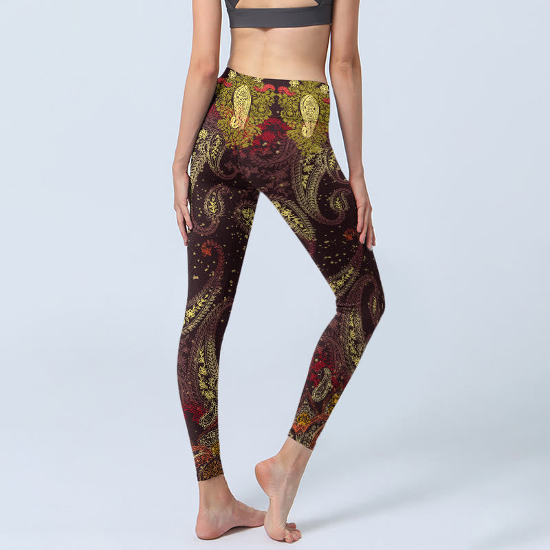Reddish-brown Cashew Flower Vines Print Gym Leggings Women's Yoga Pants